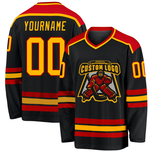 Custom Black Gold-Red Hockey Jersey - Sky-Custom