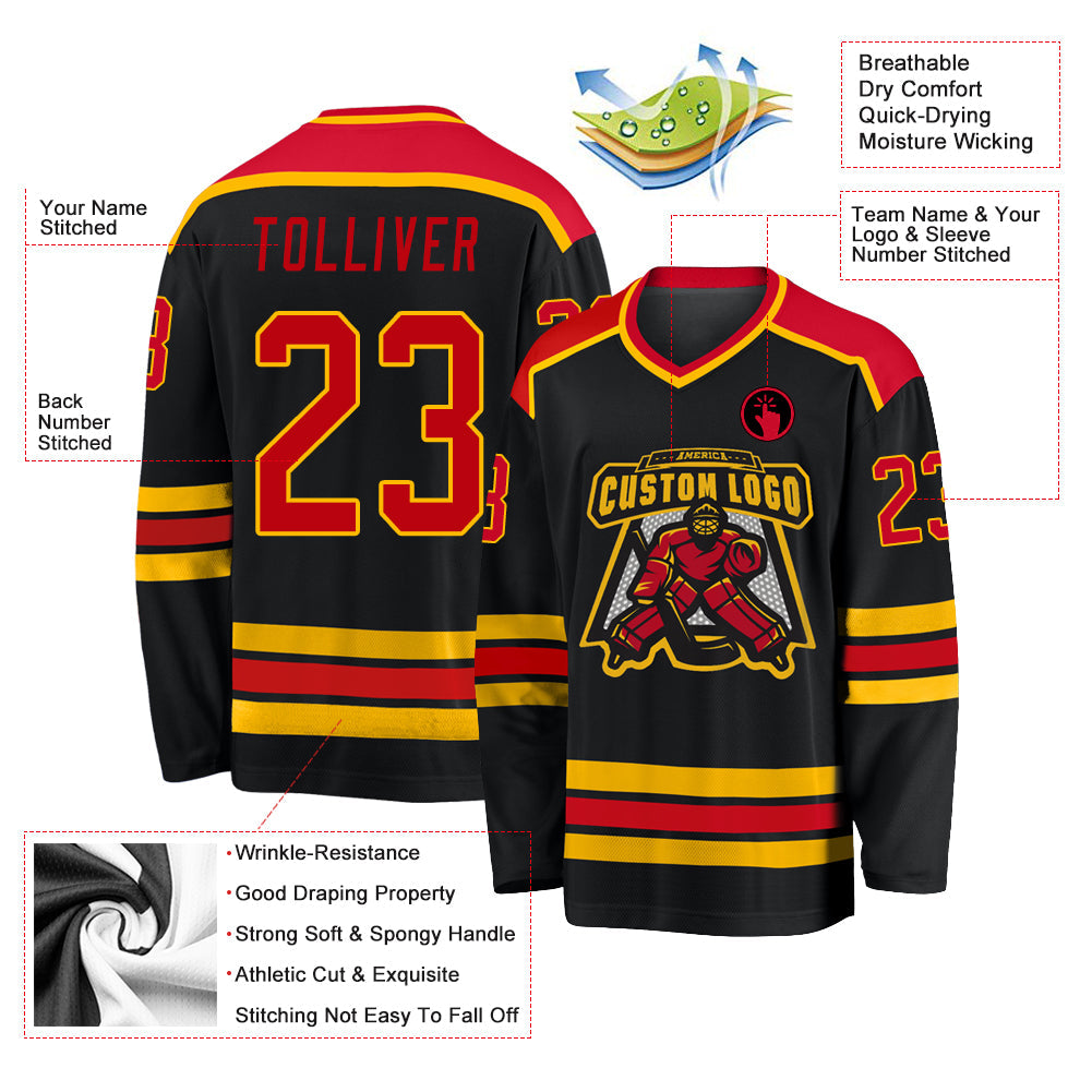 Custom Black Red-Gold Hockey Jersey - Sky-Custom