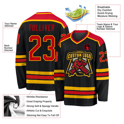 Custom Black Red-Gold Hockey Jersey - Sky-Custom