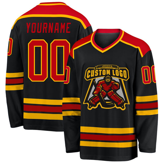 Custom Black Red-Gold Hockey Jersey - Sky-Custom