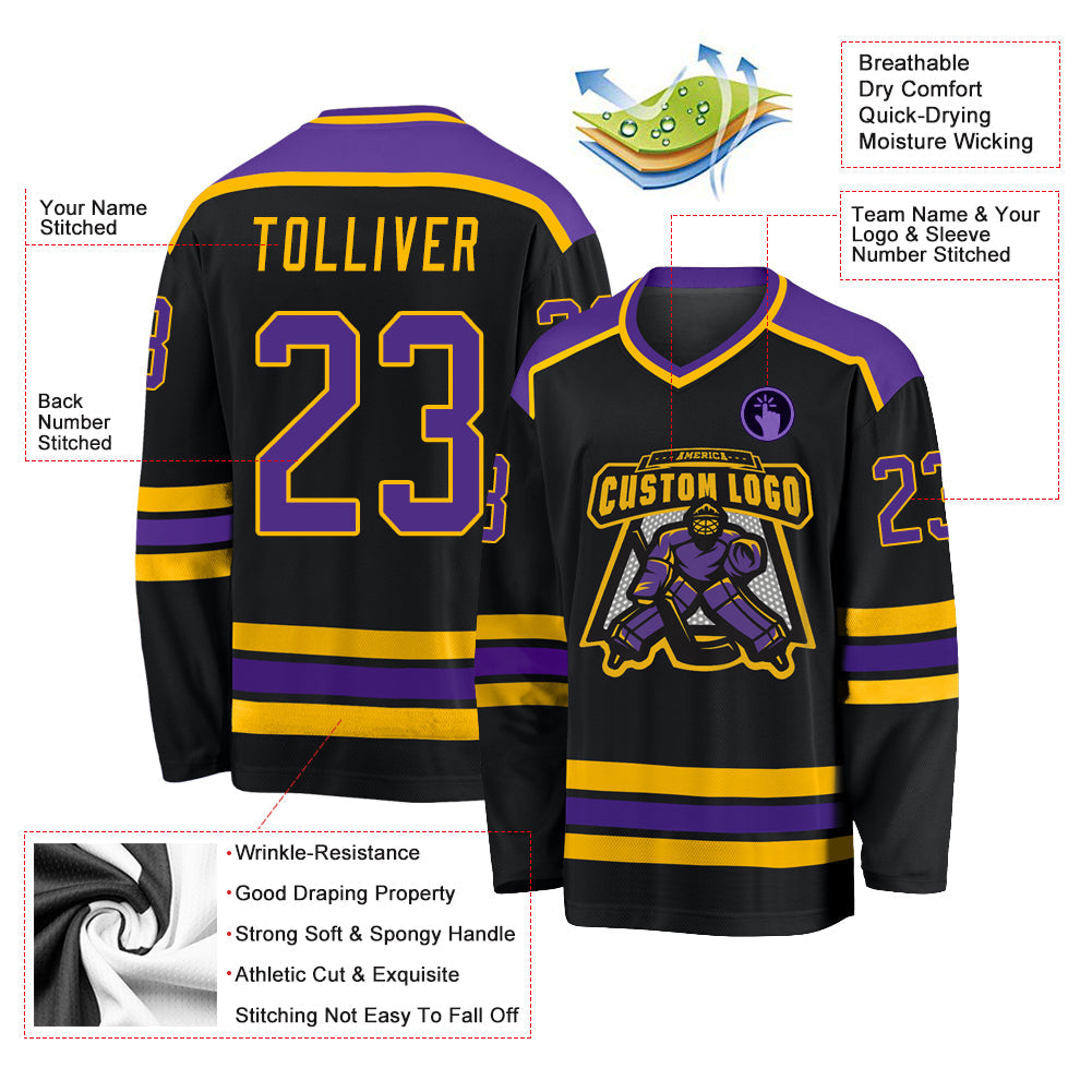 Custom Black Purple-Gold Hockey Jersey - Sky-Custom