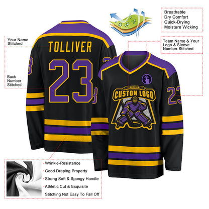 Custom Black Purple-Gold Hockey Jersey - Sky-Custom