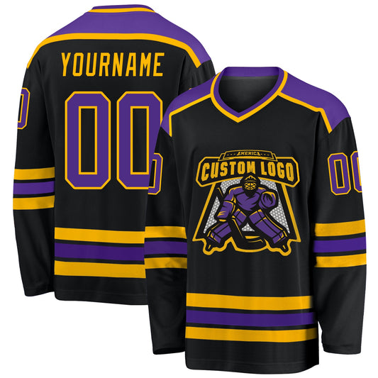 Custom Black Purple-Gold Hockey Jersey - Sky-Custom
