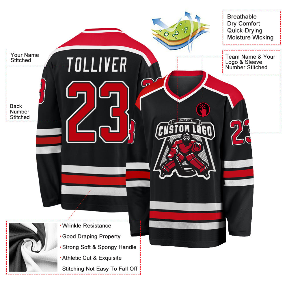 Custom Black Red-White Hockey Jersey - Sky-Custom