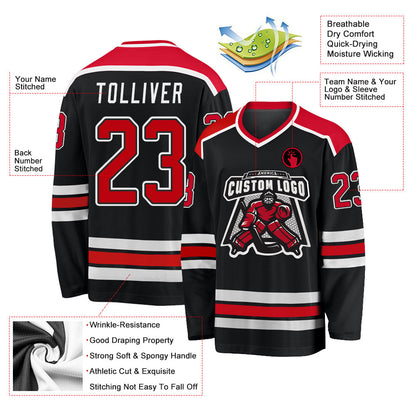 Custom Black Red-White Hockey Jersey - Sky-Custom