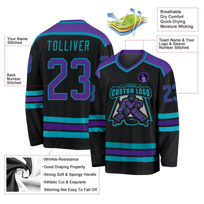 Custom Black Purple-Teal Hockey Jersey - Sky-Custom