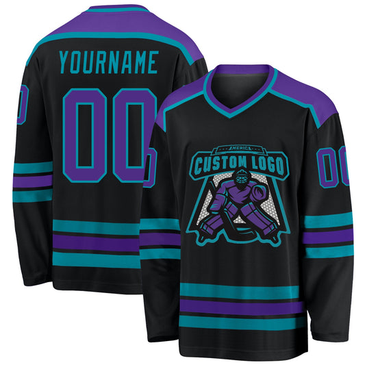 Custom Black Purple-Teal Hockey Jersey - Sky-Custom