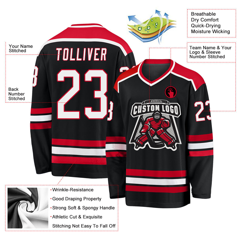 Custom Black White-Red Hockey Jersey - Sky-Custom