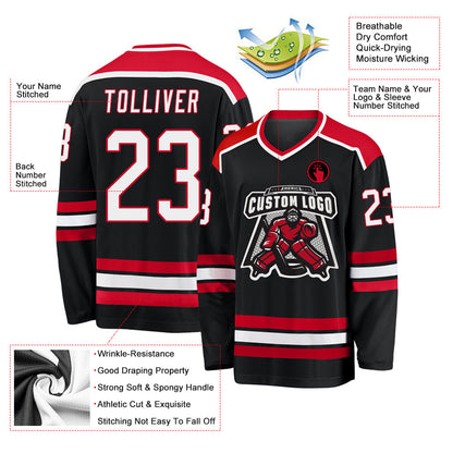 Custom Black White-Red Hockey Jersey - Sky-Custom