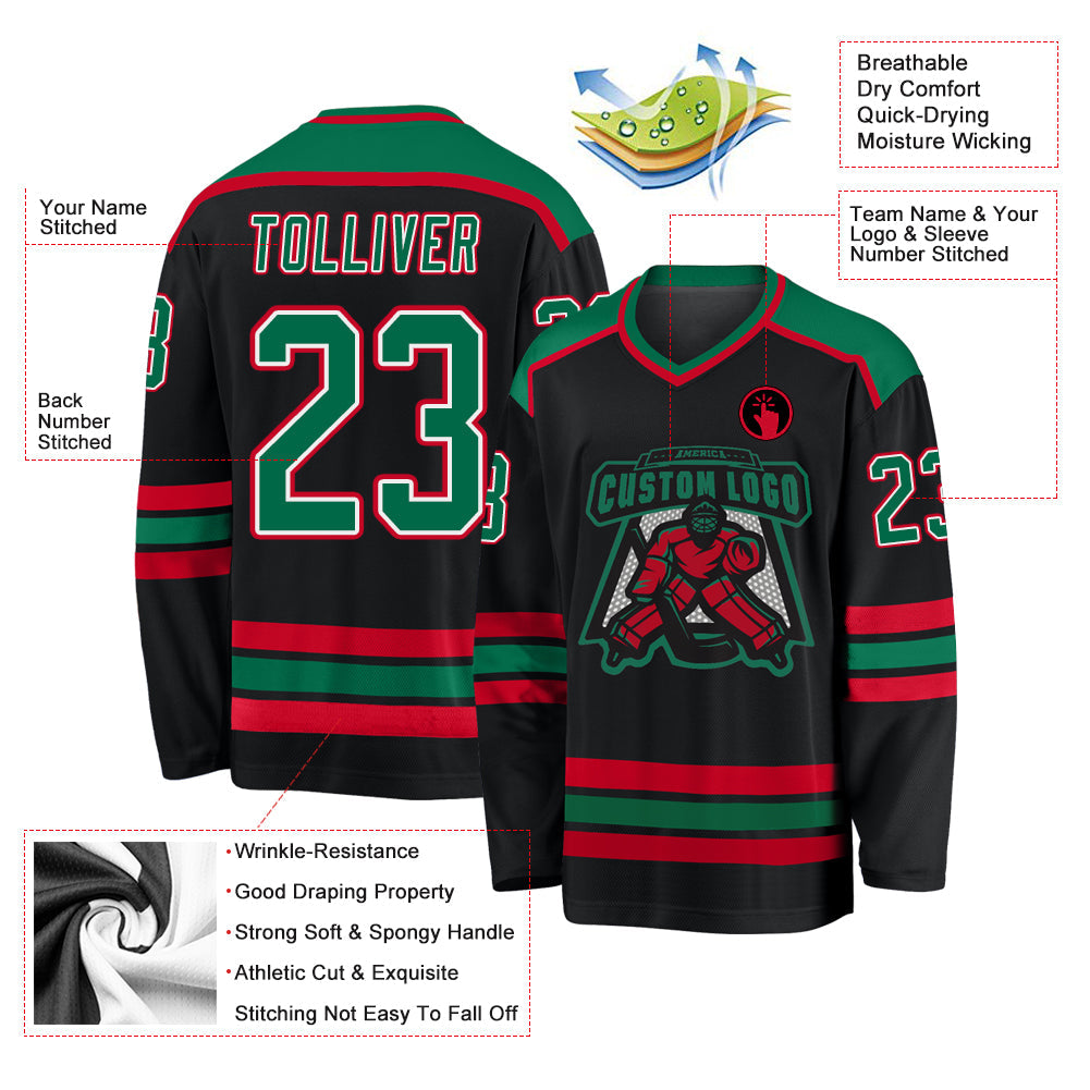 Custom Black Kelly Green White-Red Hockey Jersey - Sky-Custom