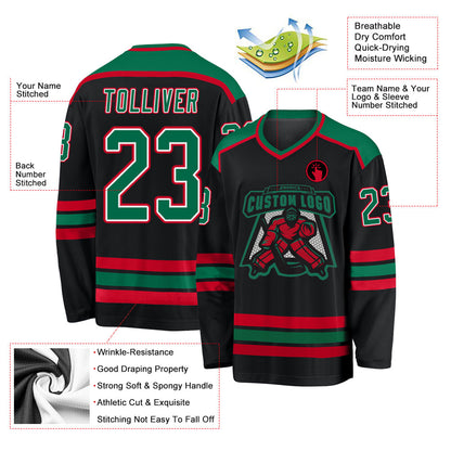 Custom Black Kelly Green White-Red Hockey Jersey - Sky-Custom
