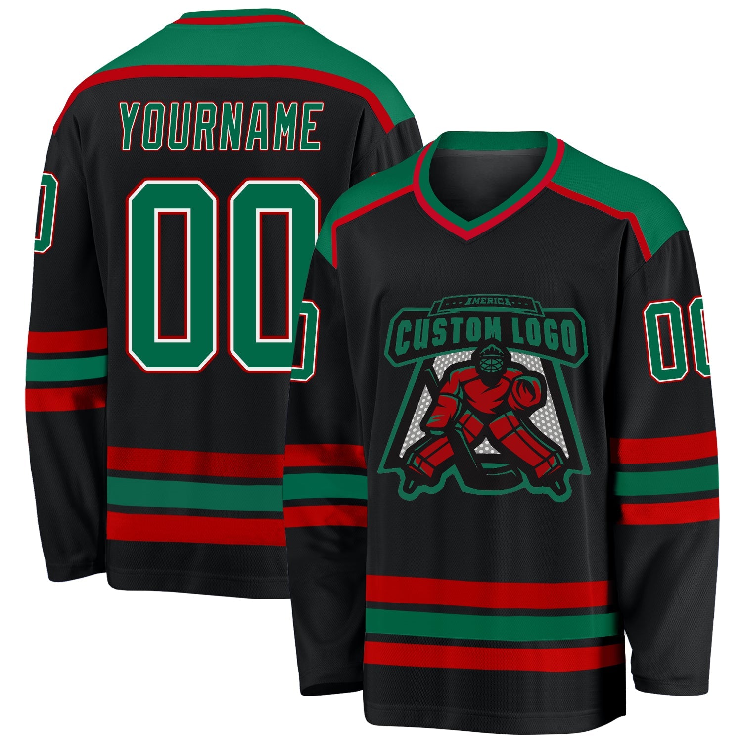 Custom Black Kelly Green White-Red Hockey Jersey - Sky-Custom