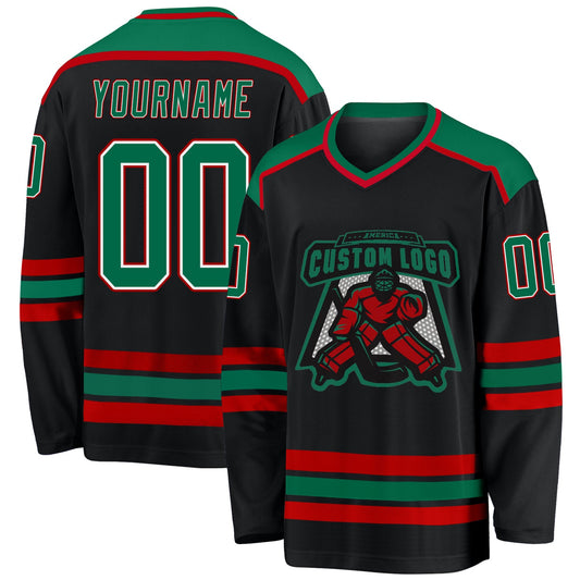 Custom Black Kelly Green White-Red Hockey Jersey - Sky-Custom