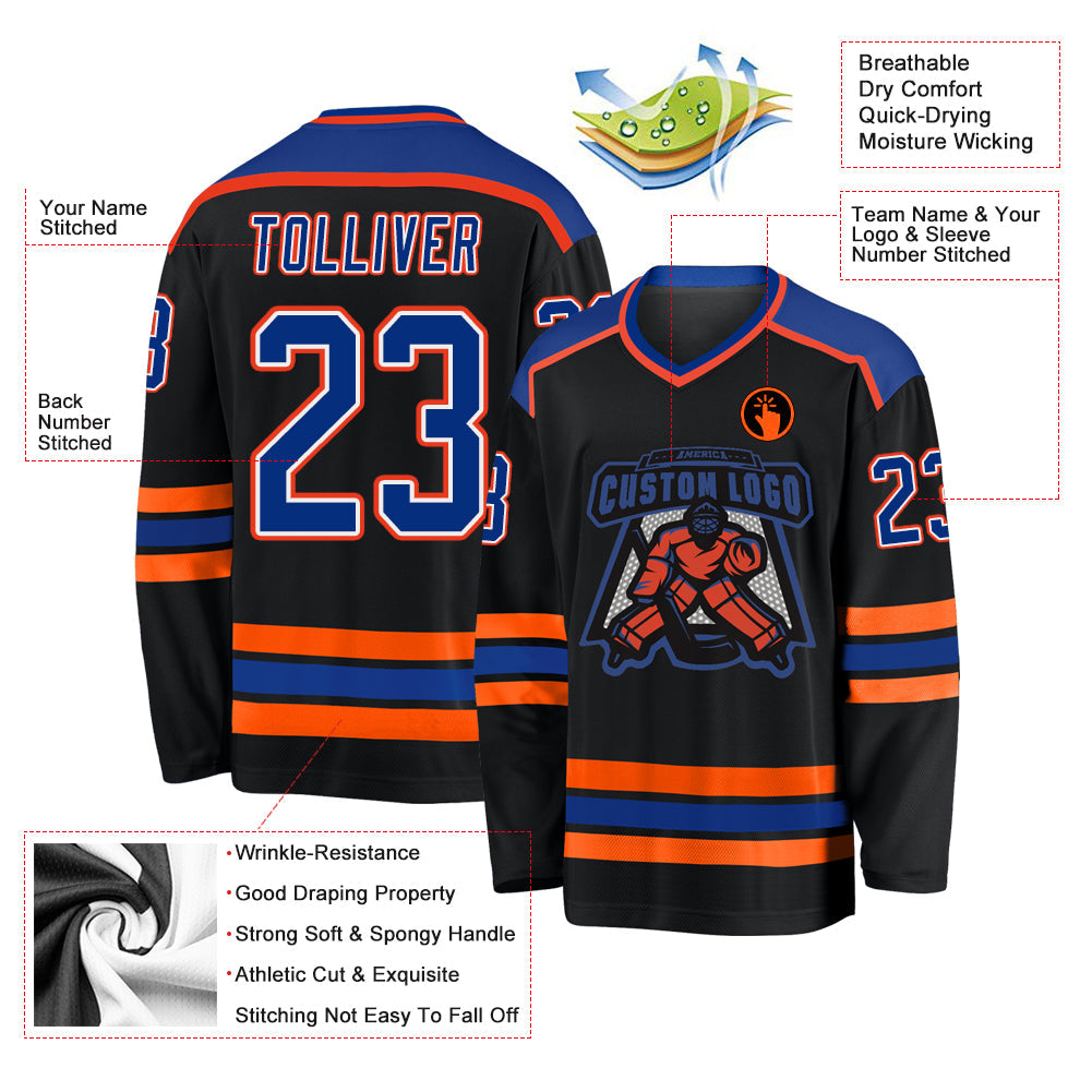 Custom Black Royal White-Orange Hockey Jersey - Sky-Custom