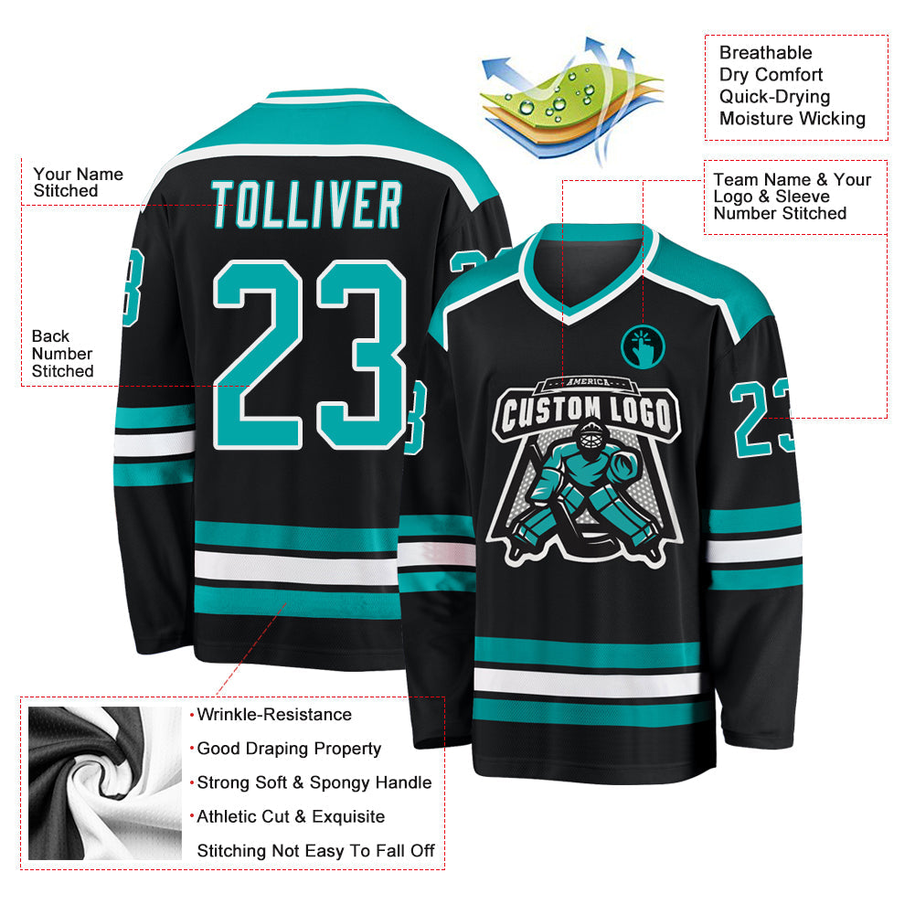 Custom Black Aqua-White Hockey Jersey - Sky-Custom