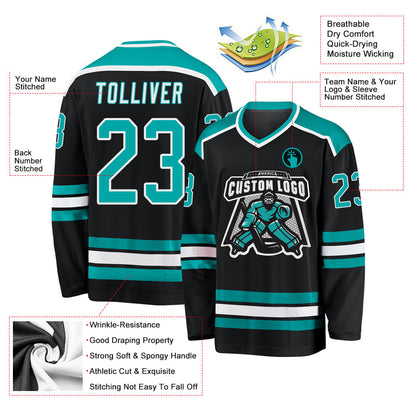 Custom Black Aqua-White Hockey Jersey - Sky-Custom