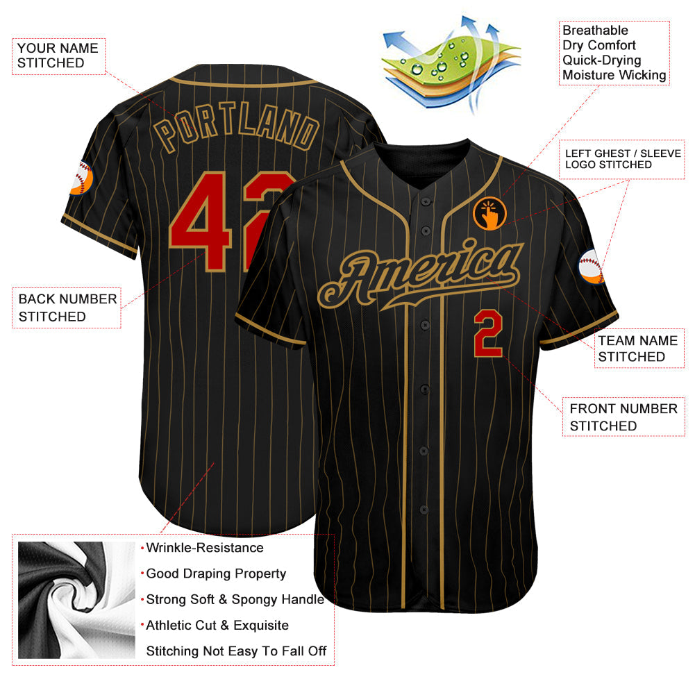 Custom Black Old Gold Pinstripe Red-Old Gold Authentic Baseball Jersey - Sky-Custom