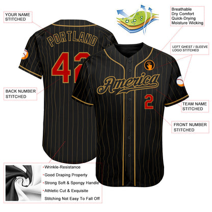 Custom Black Old Gold Pinstripe Red-Old Gold Authentic Baseball Jersey - Sky-Custom