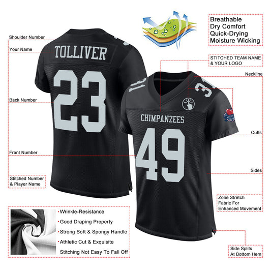 Custom Black Silver Mesh Authentic Football Jersey - Sky-Custom