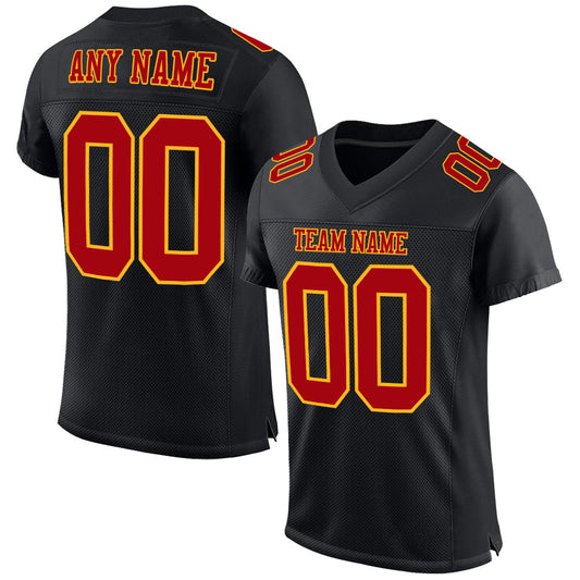 Custom Black Red-Gold Mesh Authentic Football Jersey - Sky-Custom
