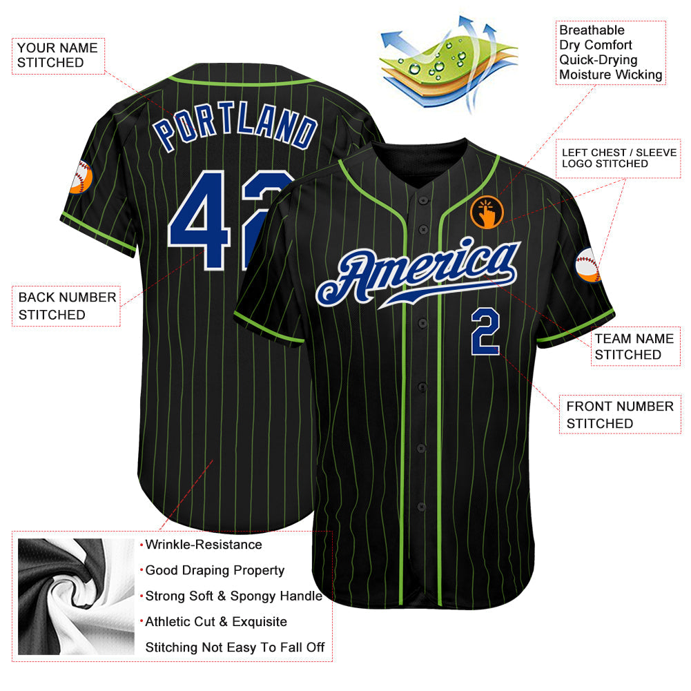 Custom Black Neon Green Pinstripe Royal-White Authentic Baseball Jersey - Sky-Custom