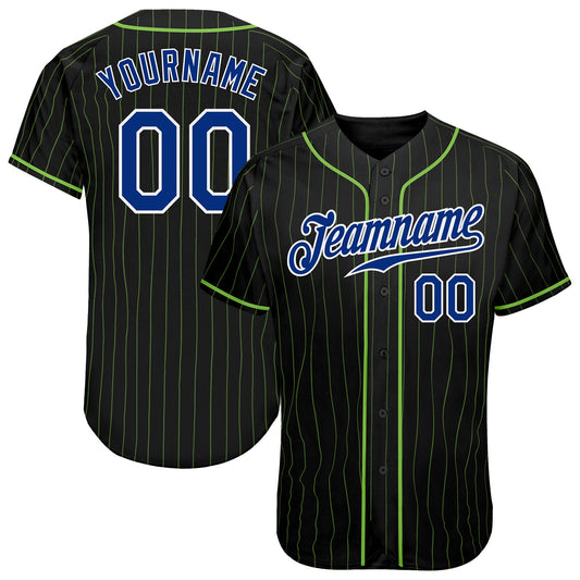 Custom Black Neon Green Pinstripe Royal-White Authentic Baseball Jersey - Sky-Custom