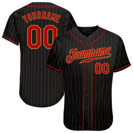Custom Black Old Gold Pinstripe Red-Old Gold Authentic Baseball Jersey - Sky-Custom