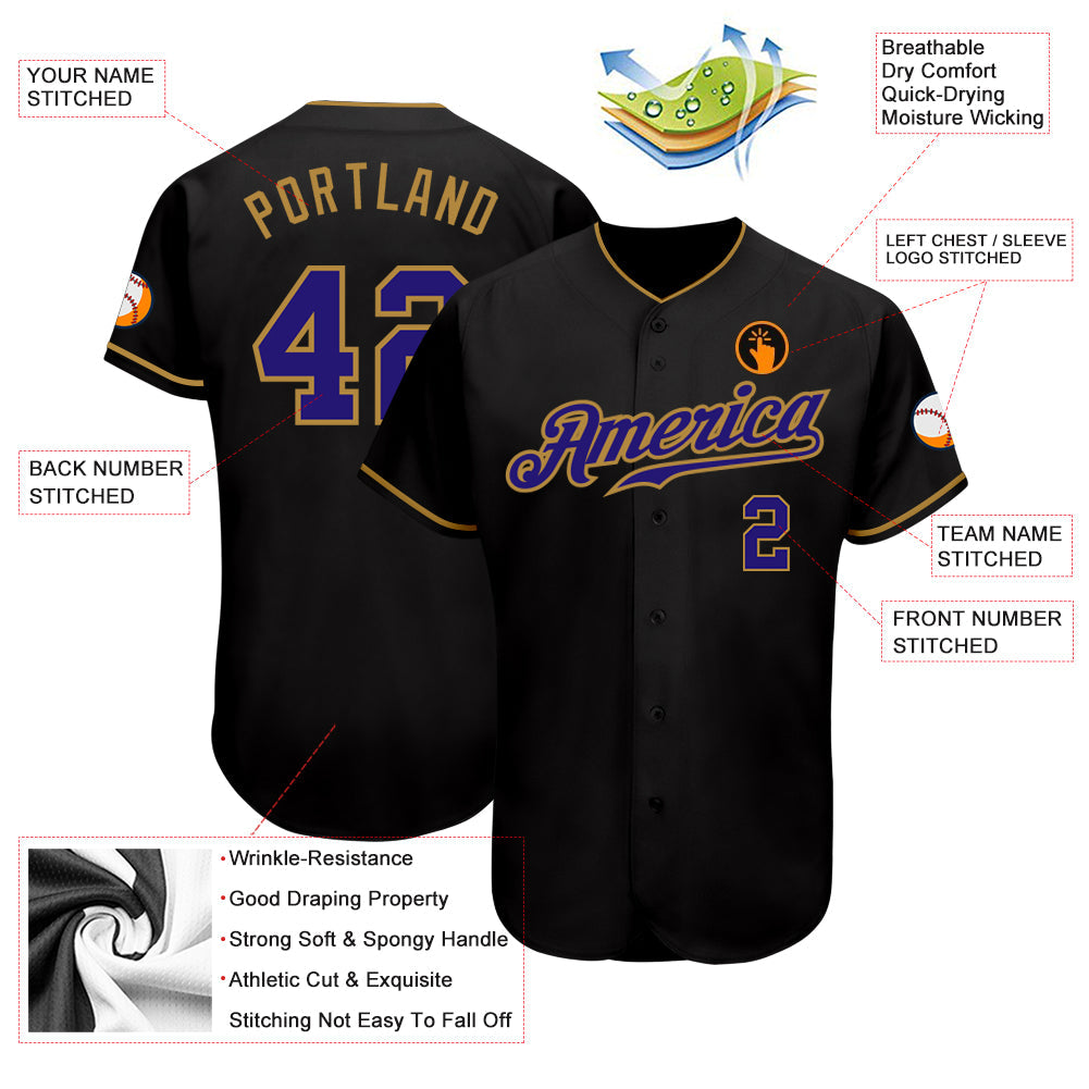 Custom Black Dark Purple-Old Gold Authentic Baseball Jersey - Sky-Custom