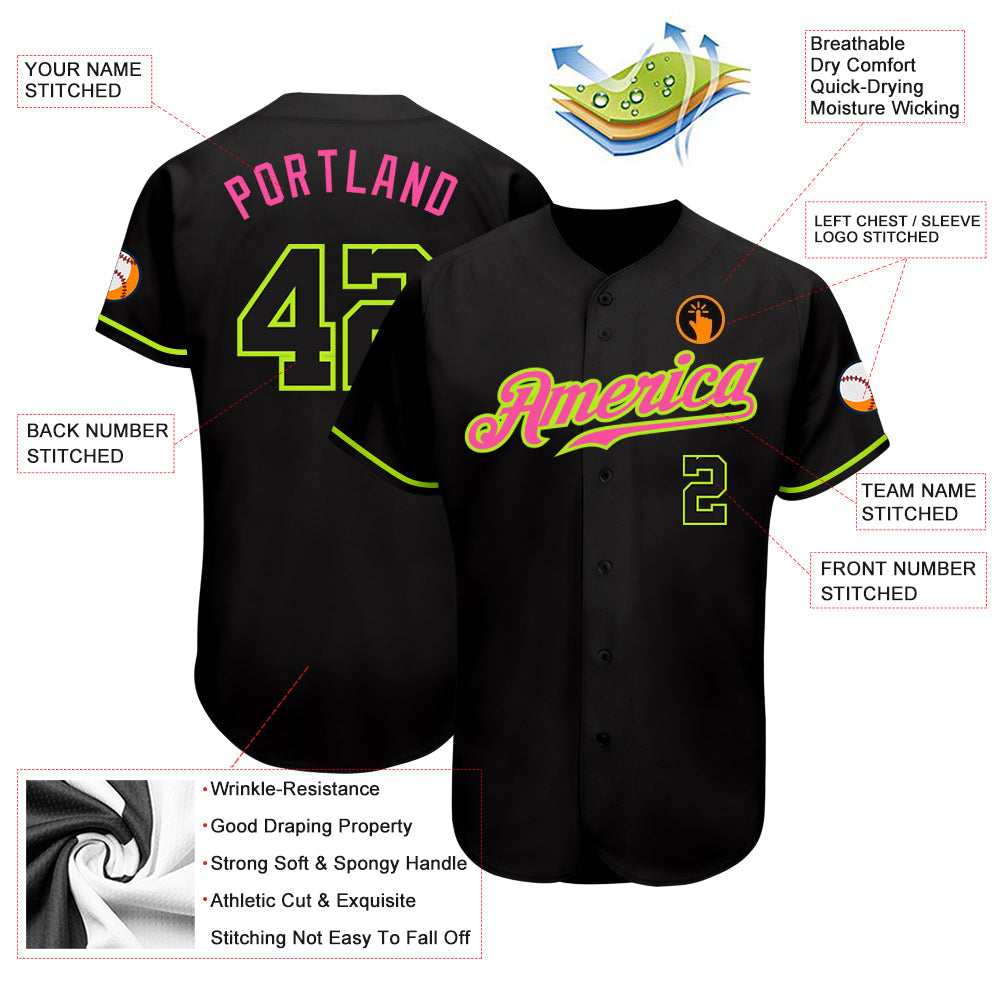 Custom Black Black Neon Green-Pink Authentic Baseball Jersey - Sky-Custom