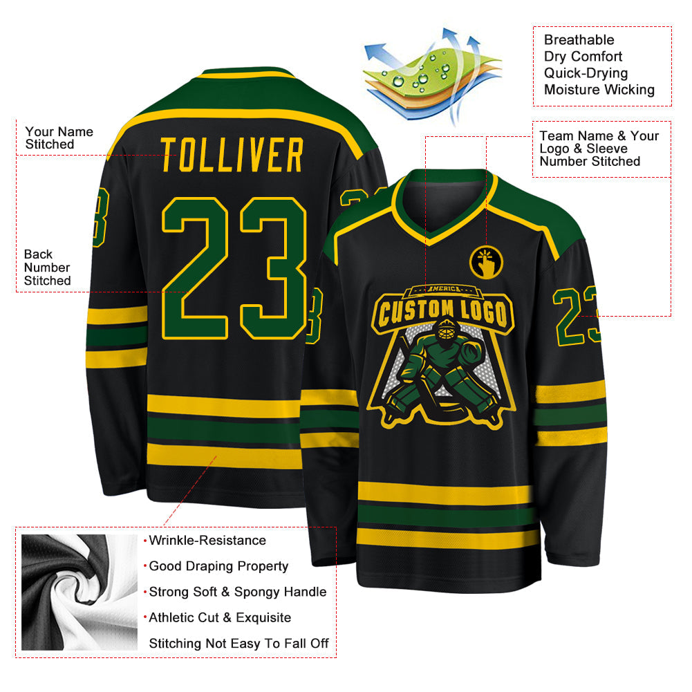 Custom Black Green-Gold Hockey Jersey - Sky-Custom
