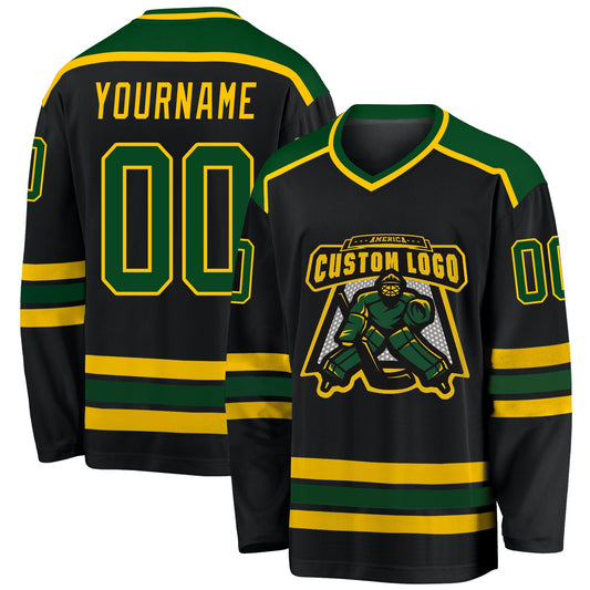 Custom Black Green-Gold Hockey Jersey - Sky-Custom
