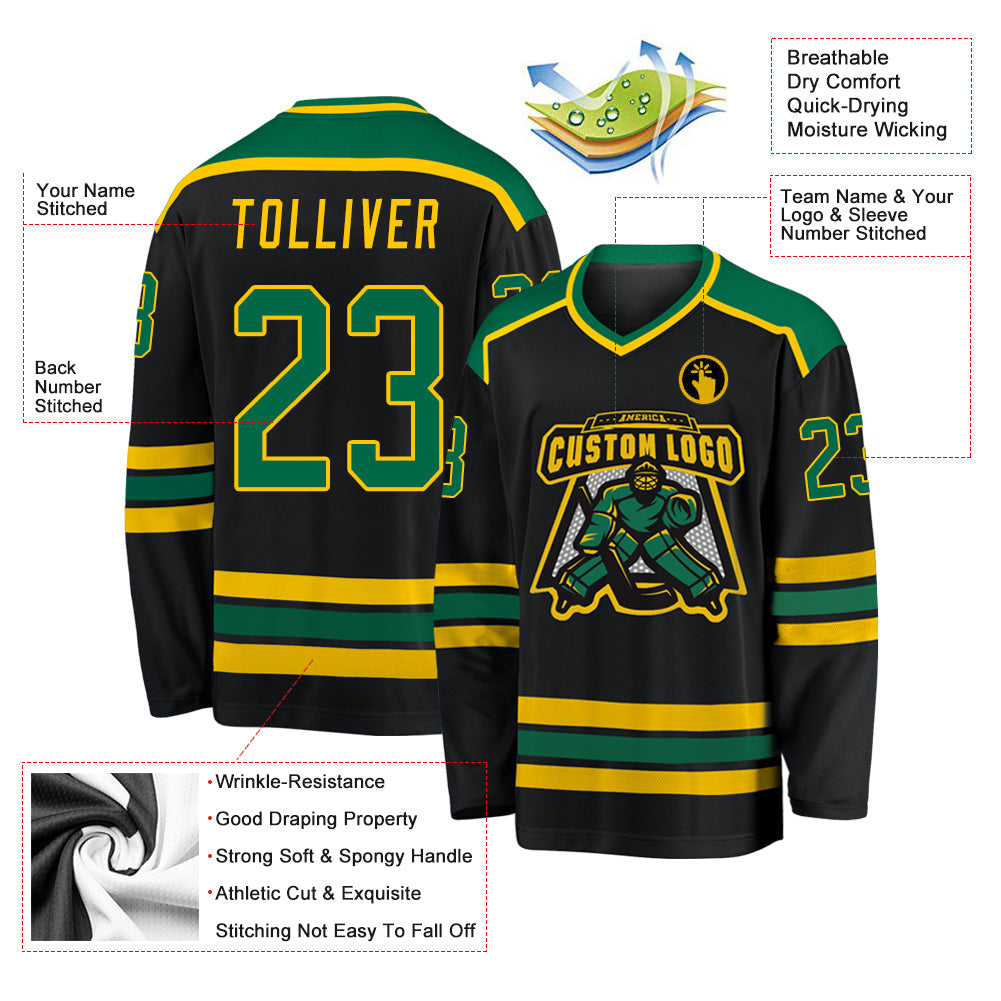Custom Black Kelly Green-Gold Hockey Jersey - Sky-Custom