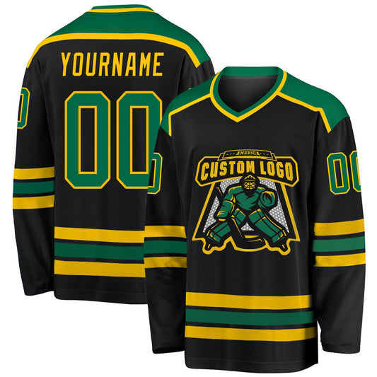 Custom Black Kelly Green-Gold Hockey Jersey - Sky-Custom