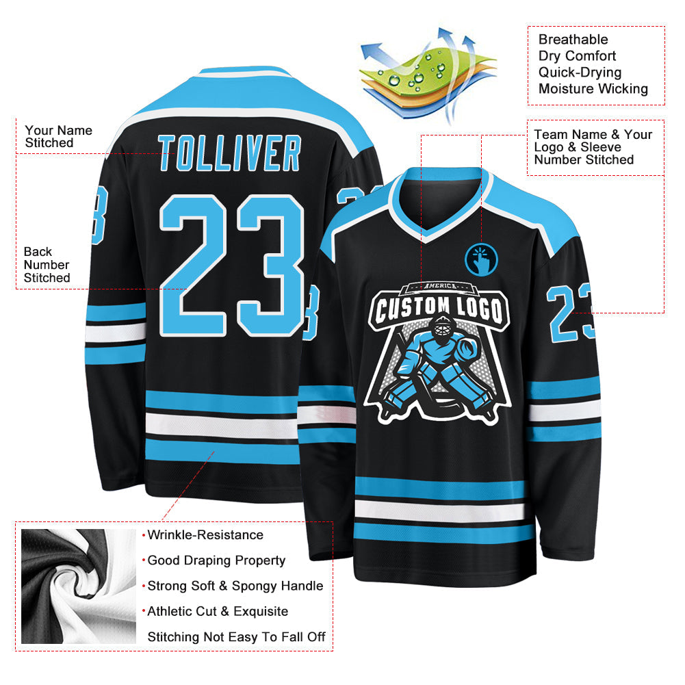 Custom Black Sky Blue-White Hockey Jersey - Sky-Custom