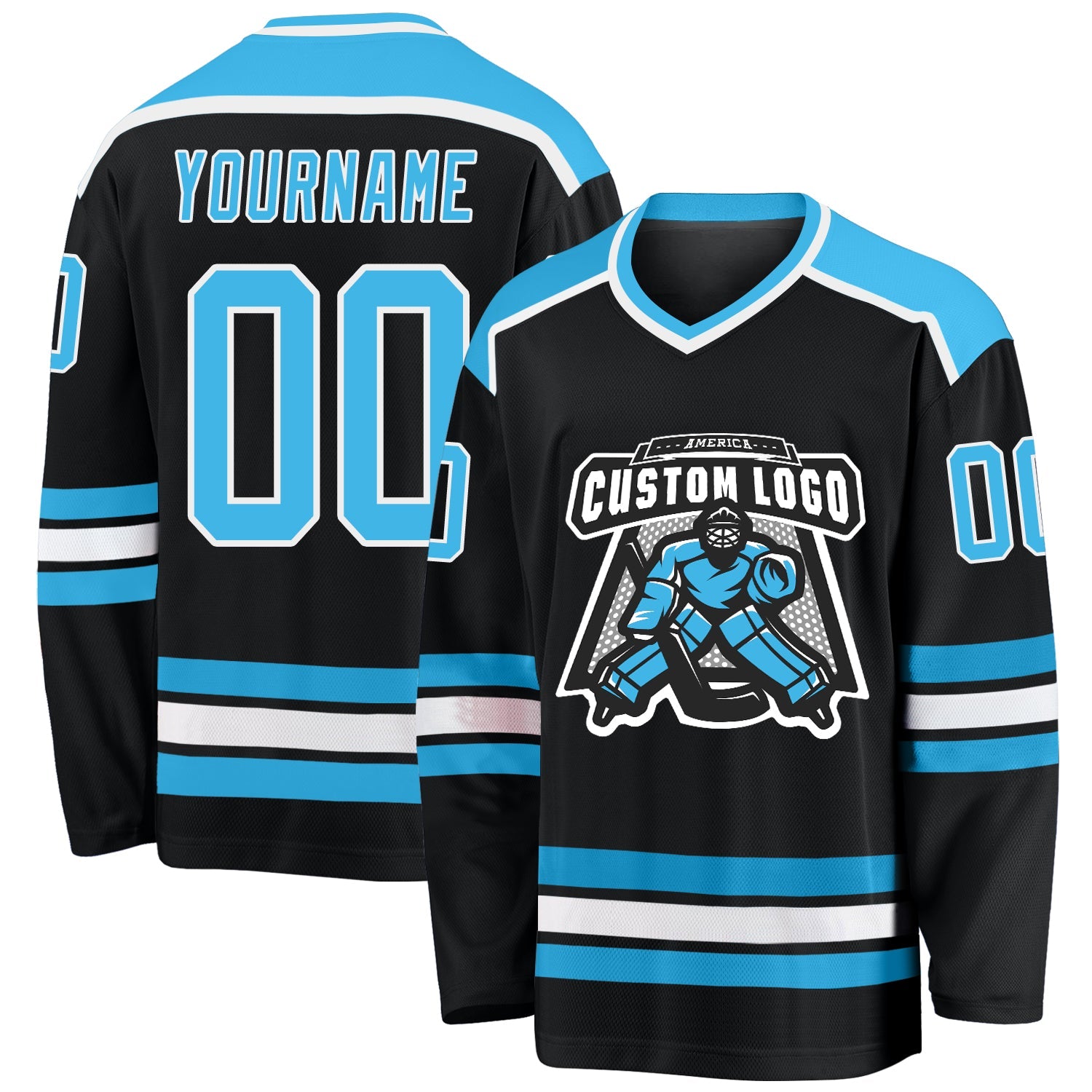 Custom Black Sky Blue-White Hockey Jersey - Sky-Custom