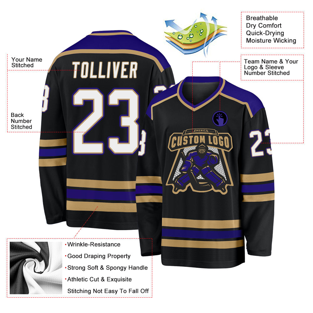 Custom Black White Old Gold-Dark Purple Hockey Jersey - Sky-Custom
