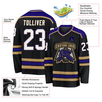 Custom Black White Old Gold-Dark Purple Hockey Jersey - Sky-Custom