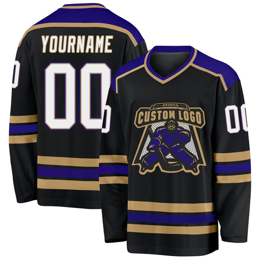 Custom Black White Old Gold-Dark Purple Hockey Jersey - Sky-Custom