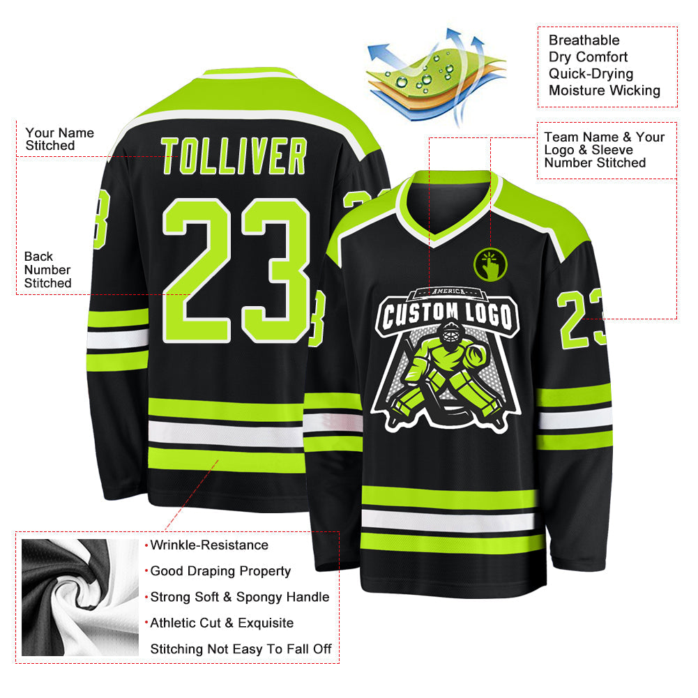Custom Black Neon Green-White Hockey Jersey - Sky-Custom