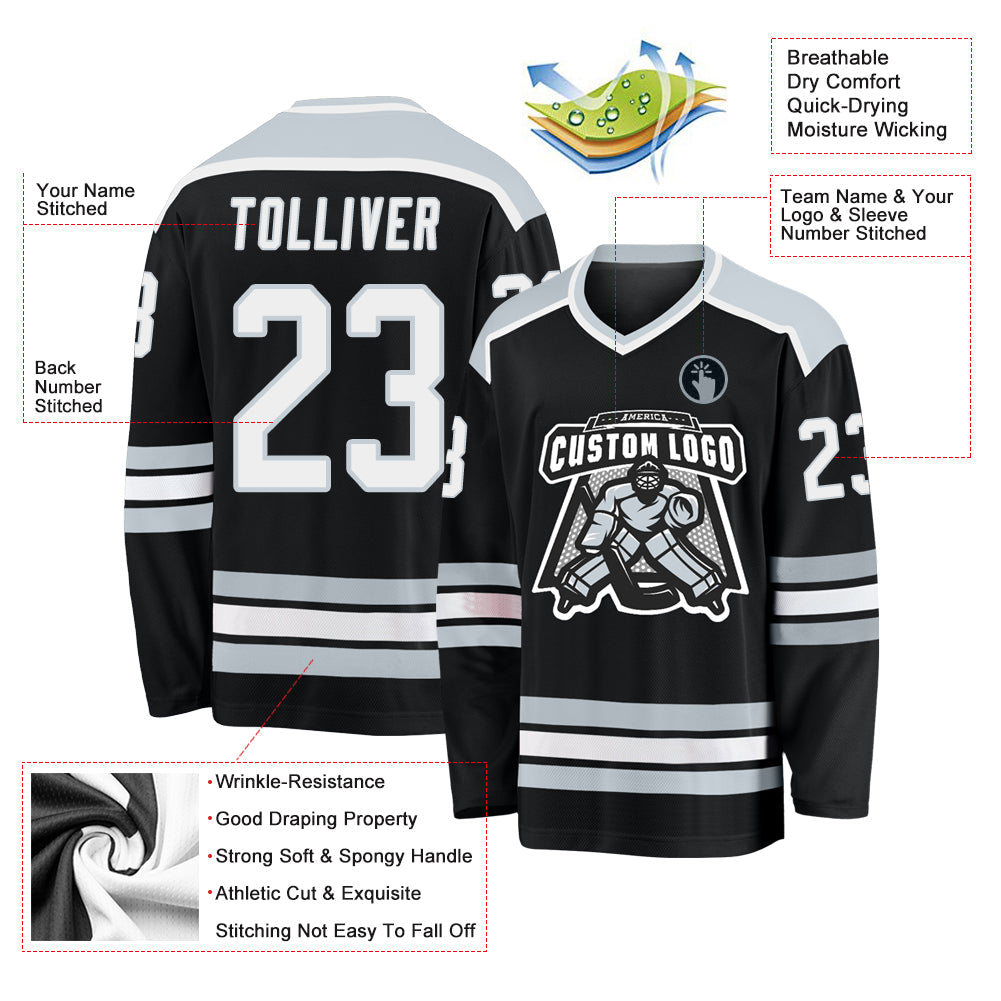 Custom Black White-Silver Hockey Jersey - Sky-Custom