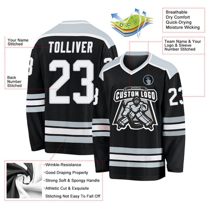 Custom Black White-Silver Hockey Jersey - Sky-Custom