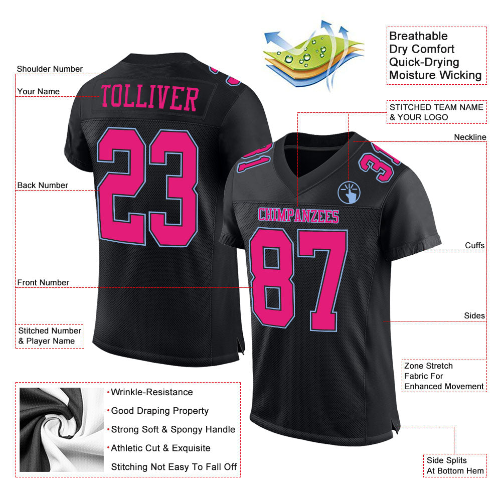 Custom Black Hot Pink-Light Blue Mesh Authentic Football Jersey - Sky-Custom