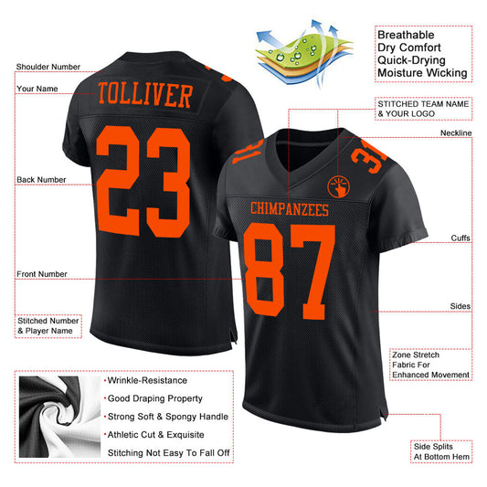 Custom Black Orange Mesh Authentic Football Jersey - Sky-Custom