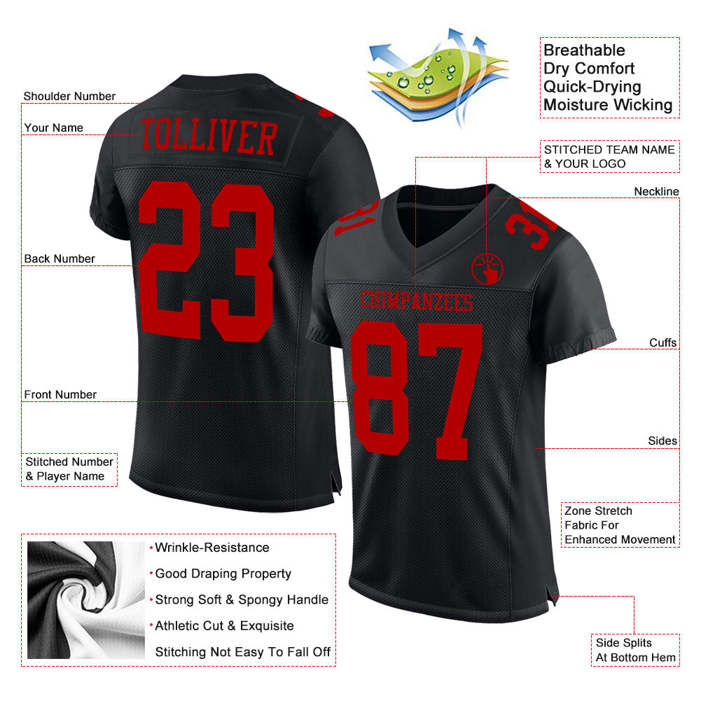 Custom Black Red Mesh Authentic Football Jersey - Sky-Custom