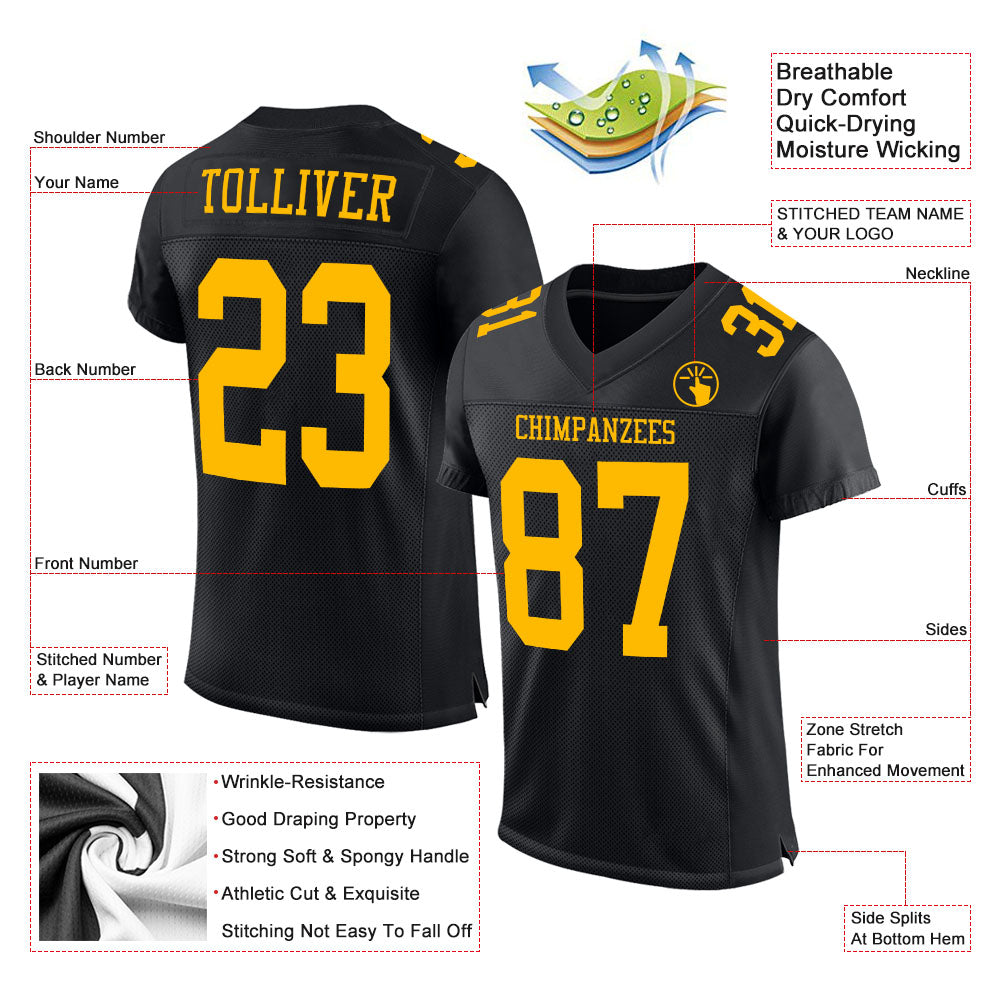 Custom Black Gold Mesh Authentic Football Jersey - Sky-Custom