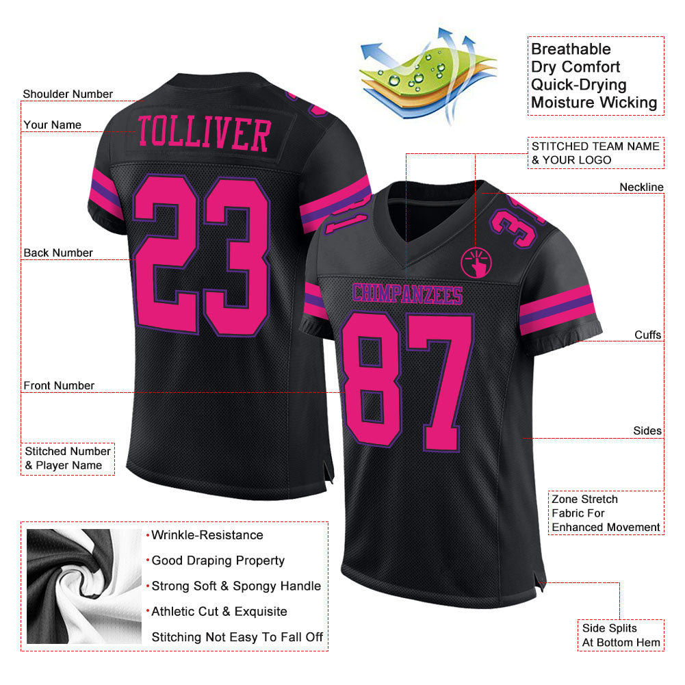 Custom Black Hot Pink-Purple Mesh Authentic Football Jersey - Sky-Custom