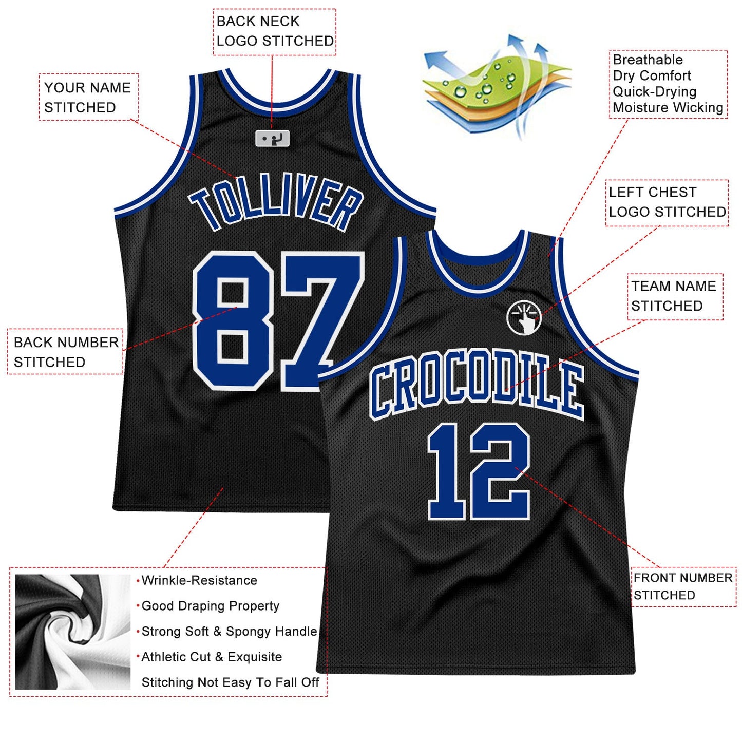Custom Black Royal-White Authentic Throwback Basketball Jersey - Sky-Custom