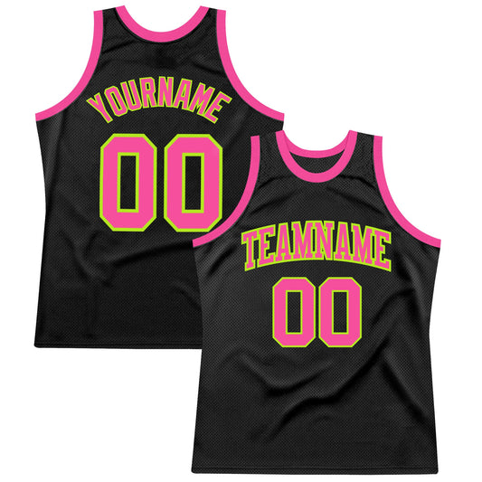 Custom Black Pink-Neon Green Authentic Throwback Basketball Jersey - Sky-Custom