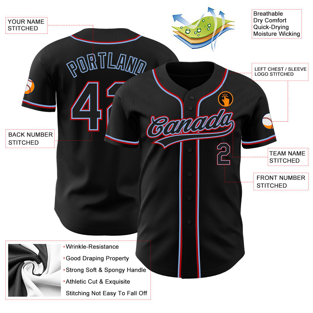 Custom Black Black Light Blue-Red Authentic Baseball Jersey - Sky-Custom