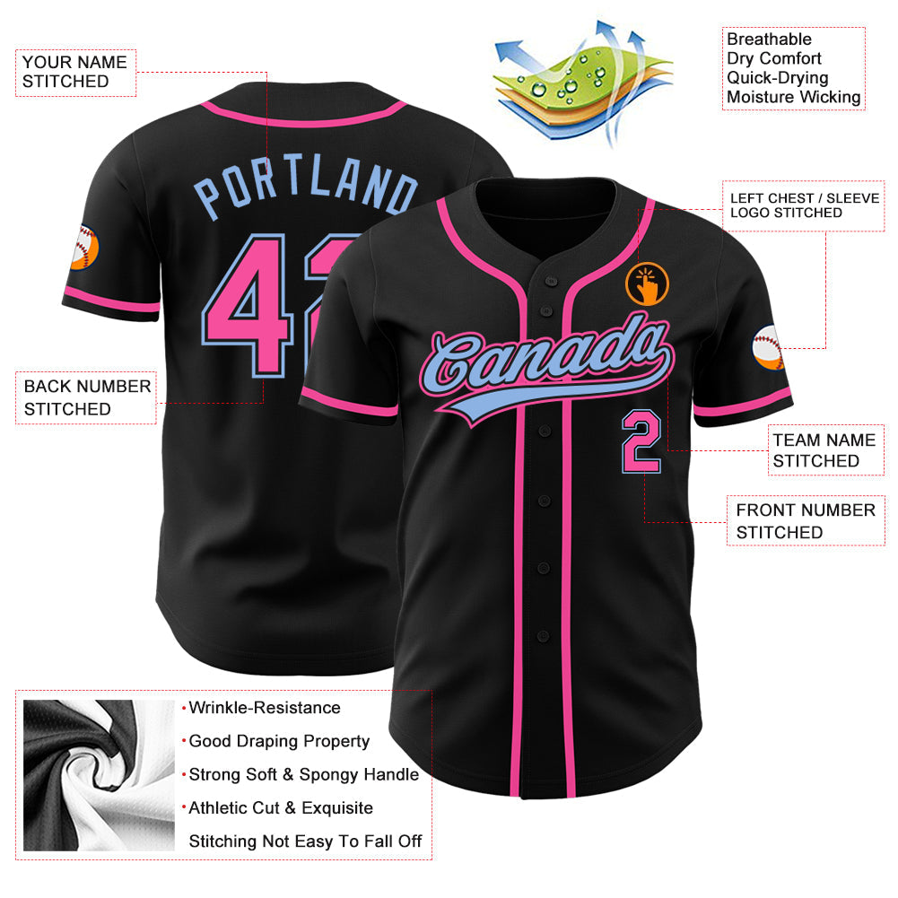 Custom Black Pink-Light Blue Authentic Baseball Jersey - Sky-Custom